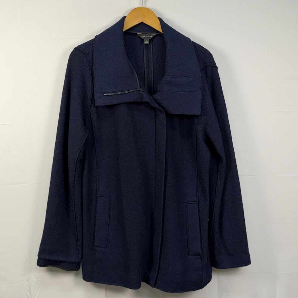 Ann Tailor Boiled Wool Zip Front Coat‎ Navy Womens SIze Large Pockets